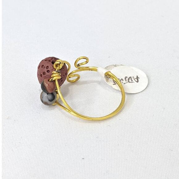 NEW Wire Wrap Diffuser Ring Artisan Adjustable Brick Red Lava Rock Gold Tone - Picture 8 of 11
